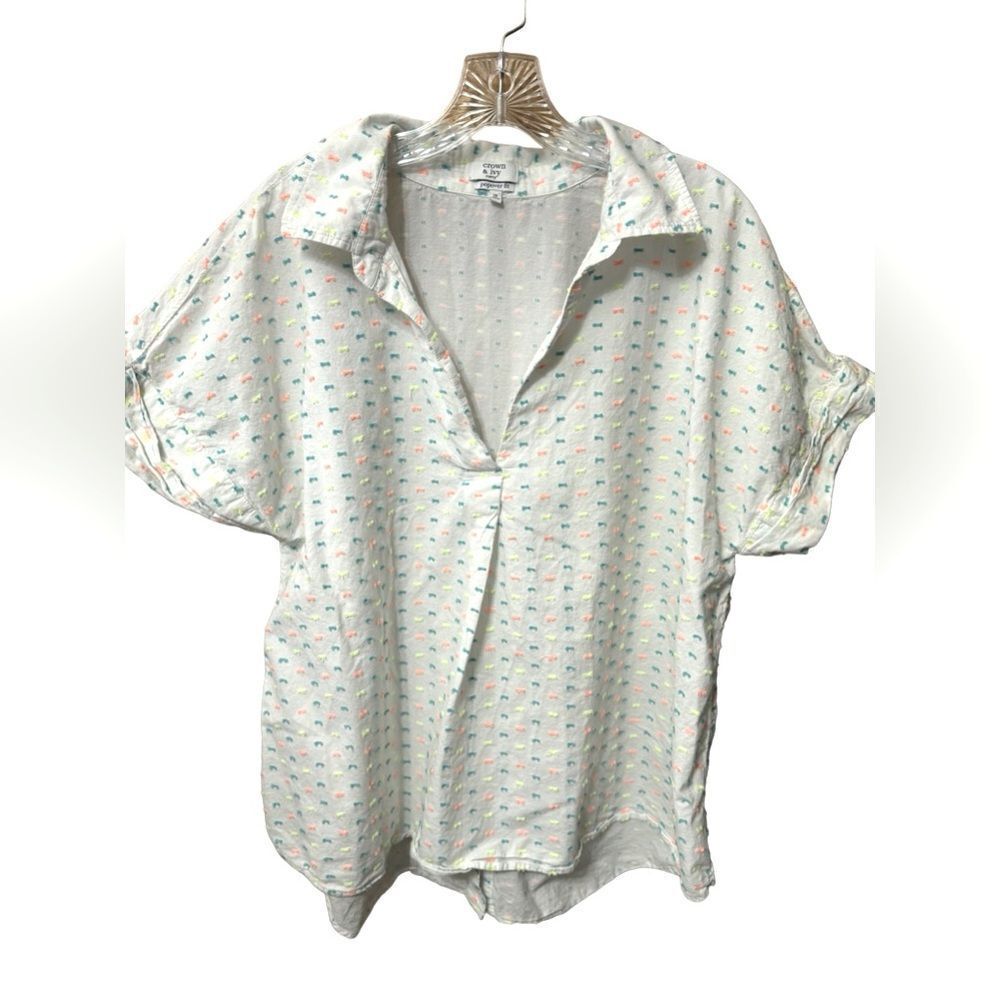 EUC Crown & Ivy Popover oversized Summer fun 1X White w/blue/pink/yellow